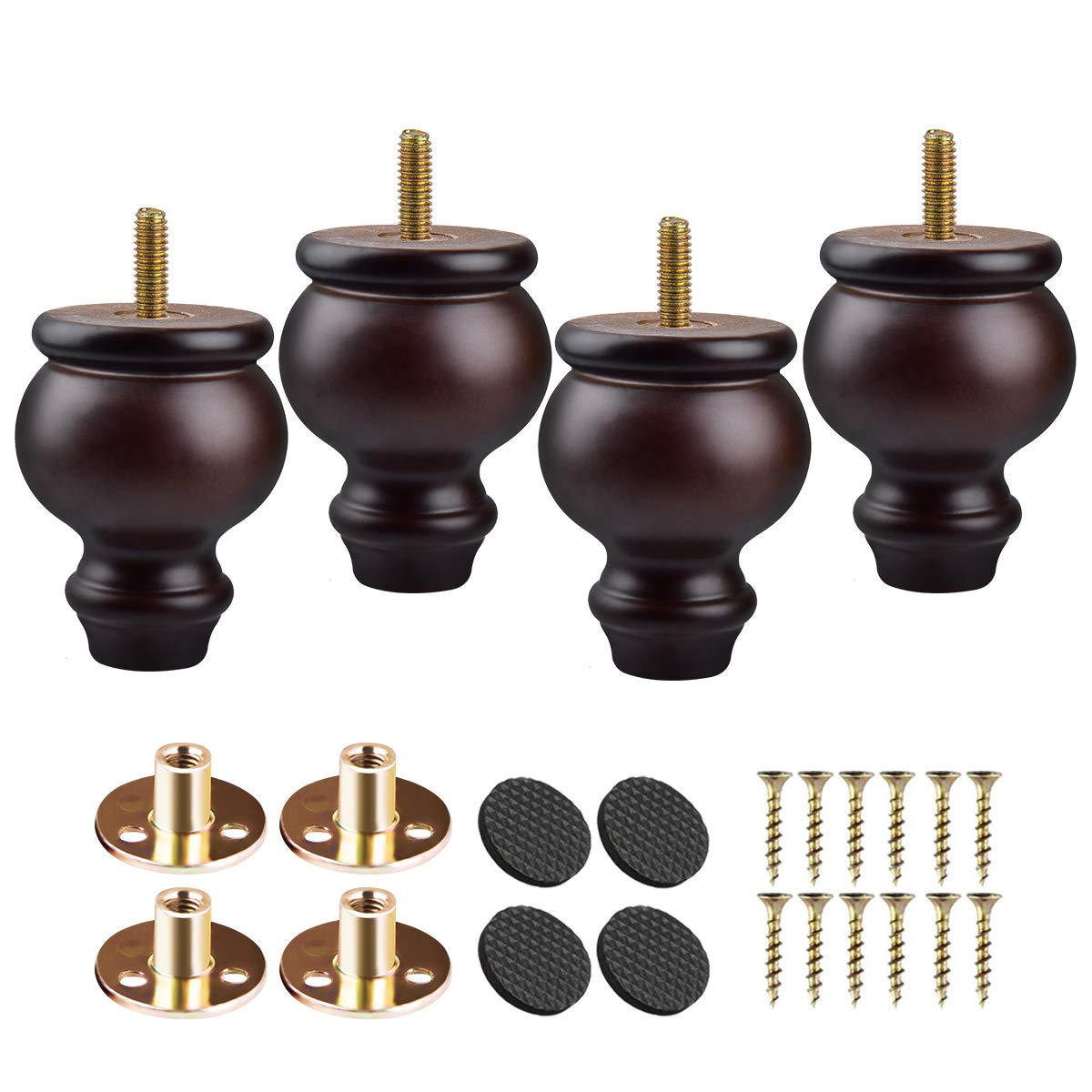 Btowin 4 Inch / 10cm Solid Wood Furniture Legs, 4Pcs Mid-Century Modern Walnut Turned Wooden Bun Feet with Threaded M8 Hanger Bolts & Mounting Plate & Screws for Sofa Couch Cabinet Armchair Recliner — image 1