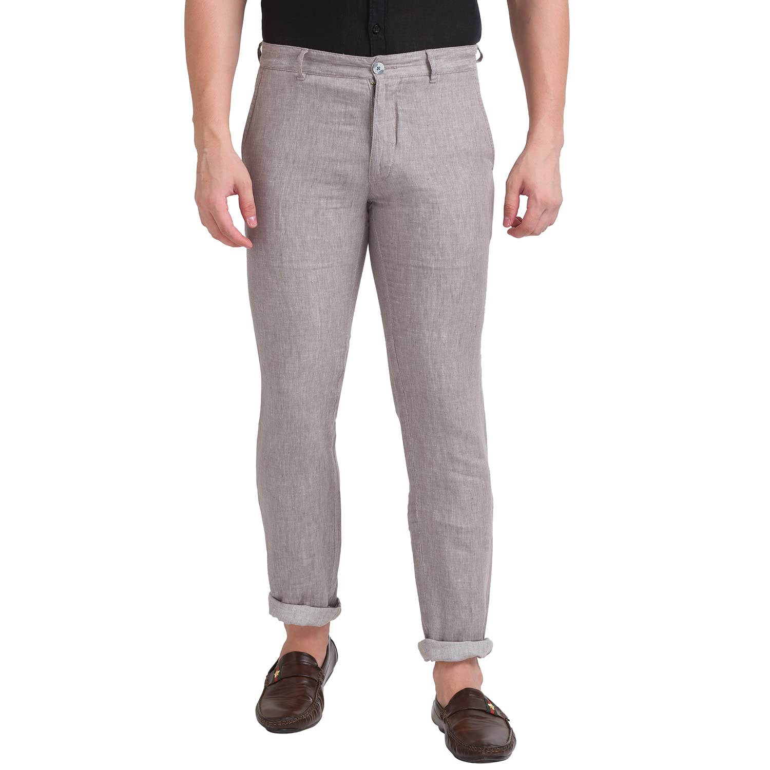 parx Men's Pure Linen Yarn Dyed Pattern Slim Tapered Fit Flat Front Casual Trouser-picture-28