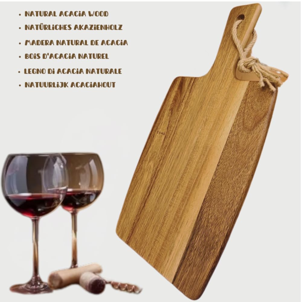 Tabla de Cortar para cocina de Madera Acacia Natural Hecha a Mano con Mango Ergonómico - Duradera y Resistente al Desgaste - Ideal para Carne, Verduras, Pan y Charcutería - Elegante.38x20