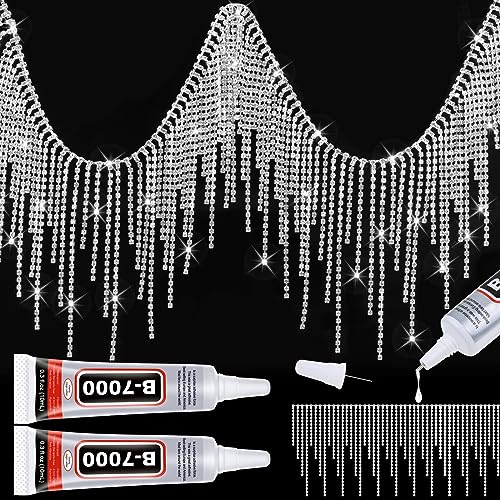 Tetutor Rhinestone Fringe with B7000 Glue Multipurpose Adhesive, Sparkle Rhinestone Trim Rhinestone Fringe Belt Rhinestone Fringe Trim, Sliver Diamond Fringe Rhinestone Tassel Chain for Jeans