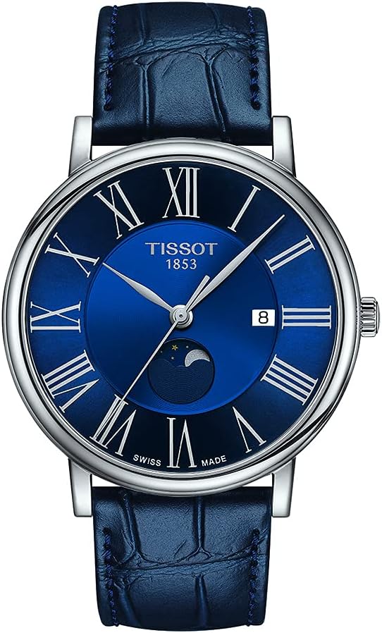 Mens Tissot Carson Premium Gent Moonphase 316L Stainless Steel case Swiss Quartz Watch, Blue, Leather, 20 (T1224231604300)