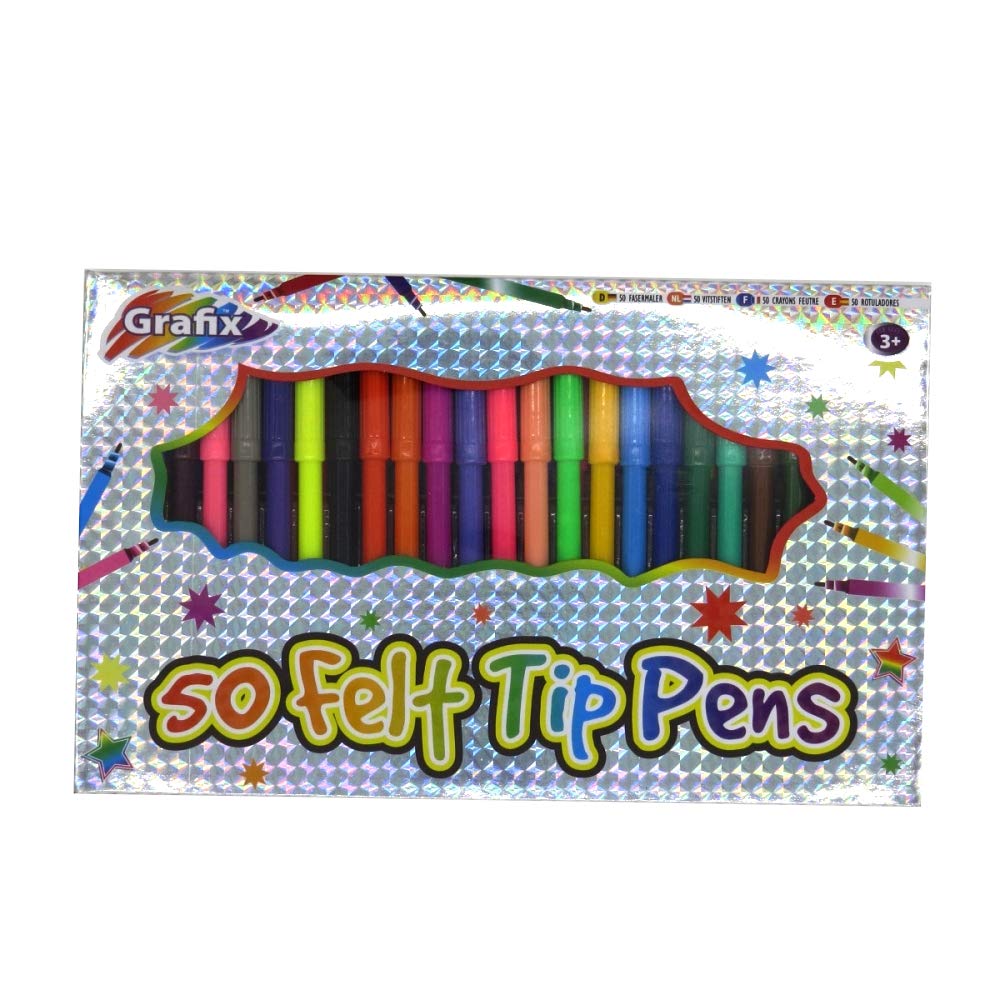 GrafixFelt Tip Colouring Pens - Pack of 50 in a Holographic Box, Assorted Colours