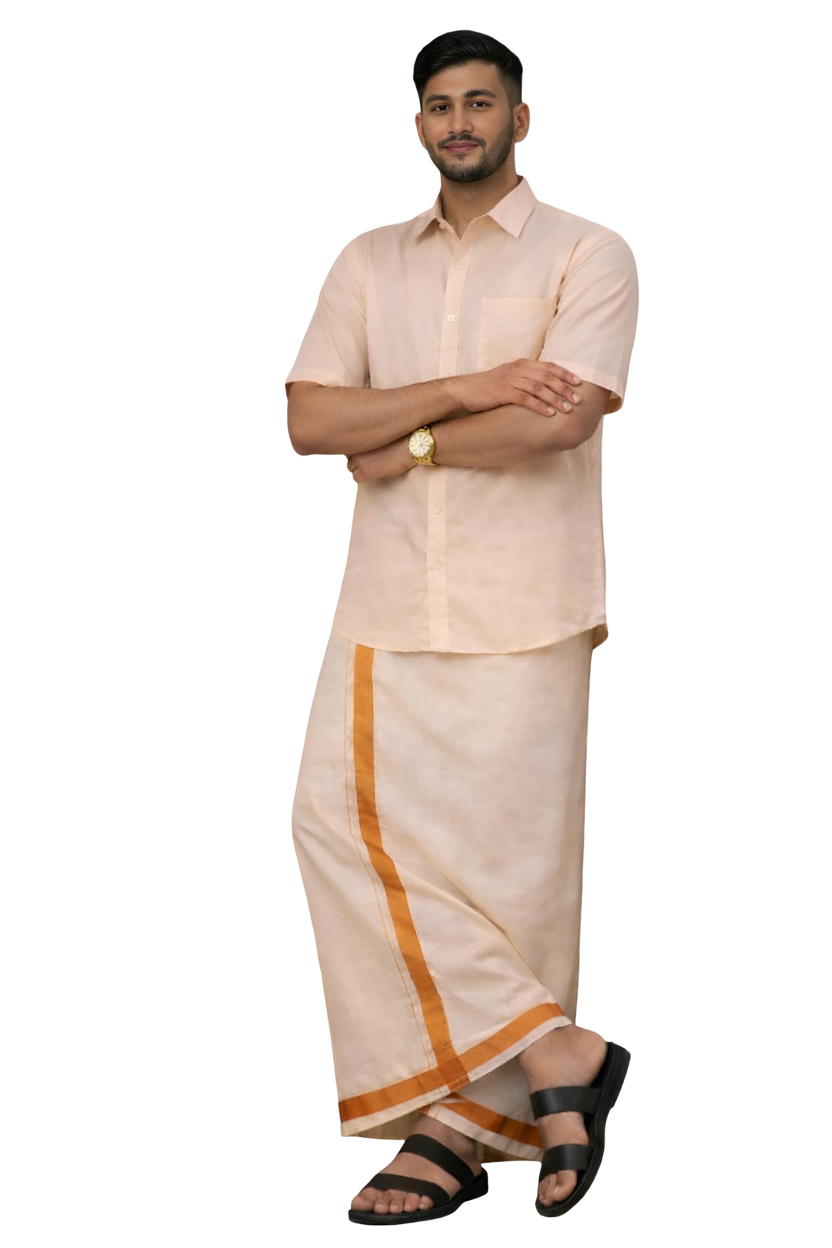 famuzz Men's Traditional Indian Shirt and Dhoti Set, Half Sleeves Tissue Silk Cotton Shirt With Dhoti 2 metres for men-picture-32