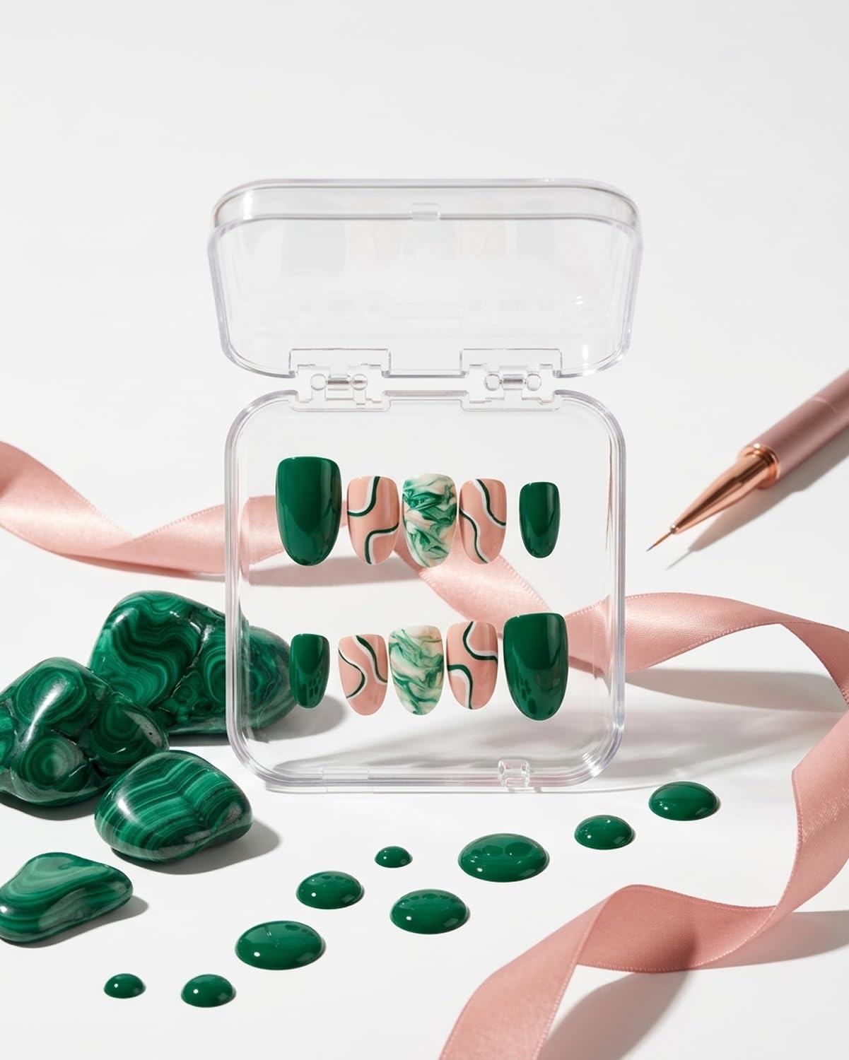 GLOSSORA Press On Nails, Medium Almond Fake Nails for Women, Artificial Nails Kit with Nail Glue & Tabs | Emerald Green Glossy Marble Swirl Wavy Art Design | 10 Reusable Nail Extensions, Long Lasting, Perfect for Party, Wedding, Festive, Daily Wear & Trendy Korean Aesthetic Occasions-image-43