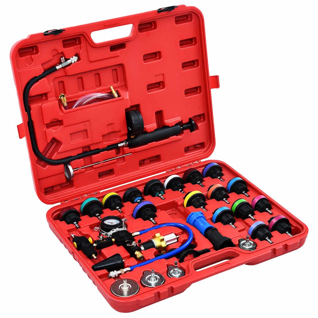 28 pièces Testeur de pression pour système de refroidissement et couvercle de radiateur avec générateur de vide, adaptateur, capuchons de test à code couleur, kit d'outils pour voiture