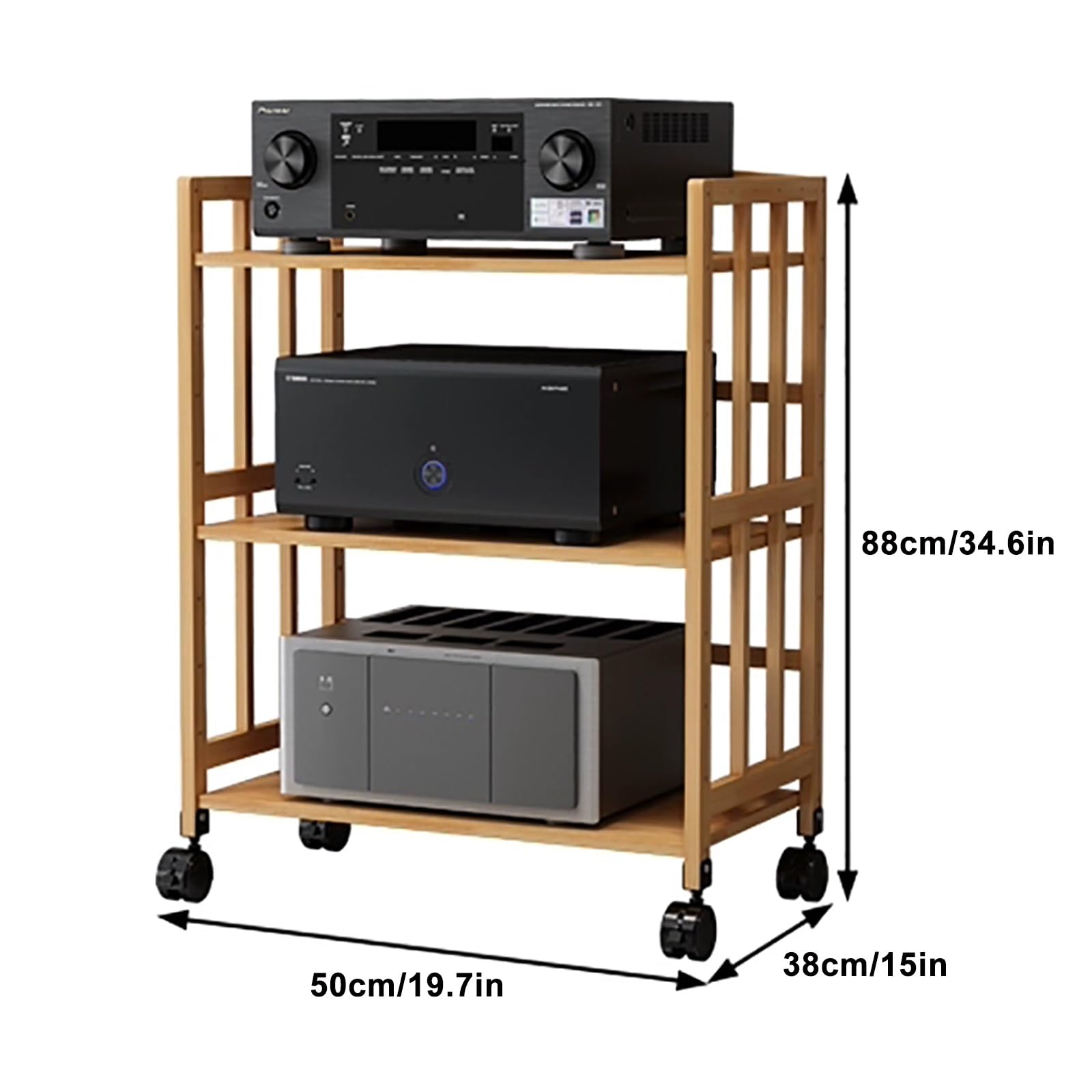 Stojak HiFi Bambusowa szafka na media z regulowaną półką i kółkami do odtwarzaczy DVD, dekoderów kablowych i konsol do gier, mobilny stojak stereo (naturalny, 50 x 38 x 89 cm)