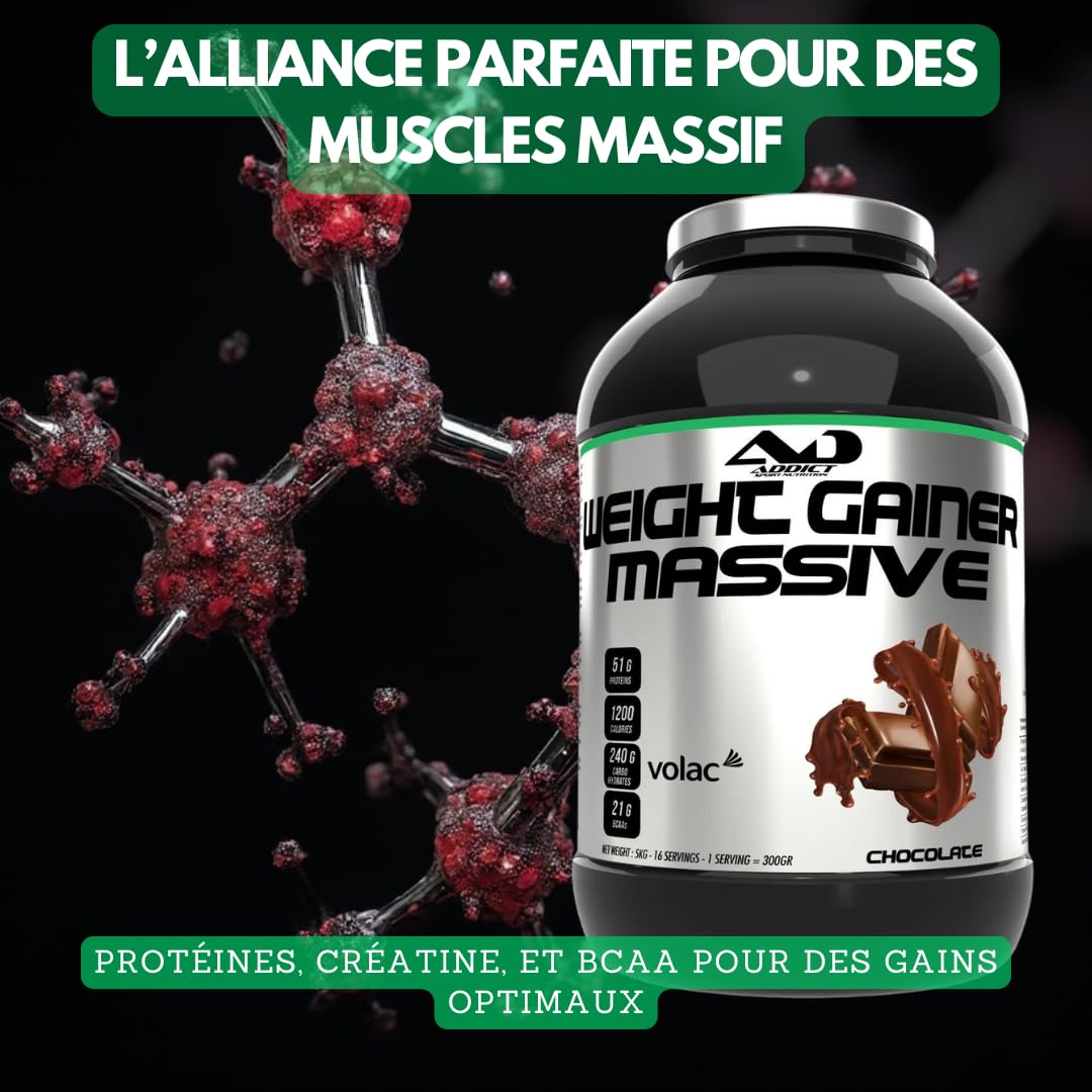 Addict sport nutrition - Weight gainer massive - Prise de masse musculaire avec protéine concentrée - Ultra calorique 1200 kcal par dose - 51g de protéine et 21g de BCAA - 2,5 kg - Goût cookie