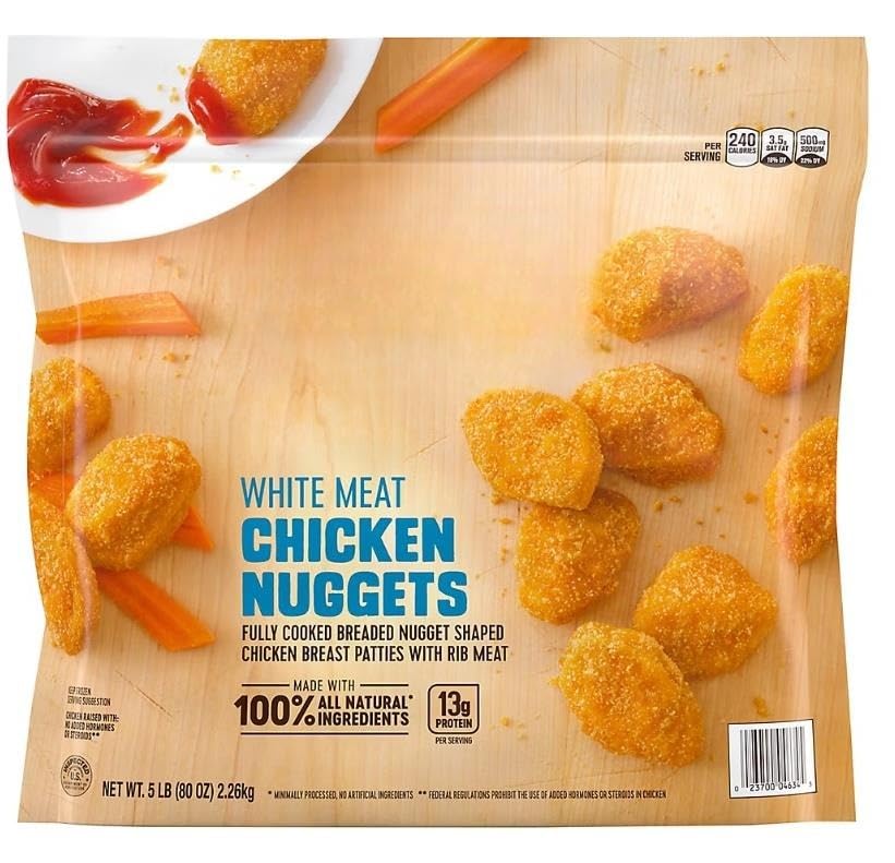 Frozen All Natural White Meat Chicken Nuggets , These chicken nuggets are made with all natural white meat chicken with no artificial ingredients, then breaded and seasoned to perfection. With 12 grams of protein and 0 grams of trans fat per serving, these chicken nuggets are sure to be a hit with the entire family. Fully cooked and ready-to-eat, simply prepare in an oven or microwave and serve with ketchup for a protein-packed lunch. [ 80 oz , 5 lb ]