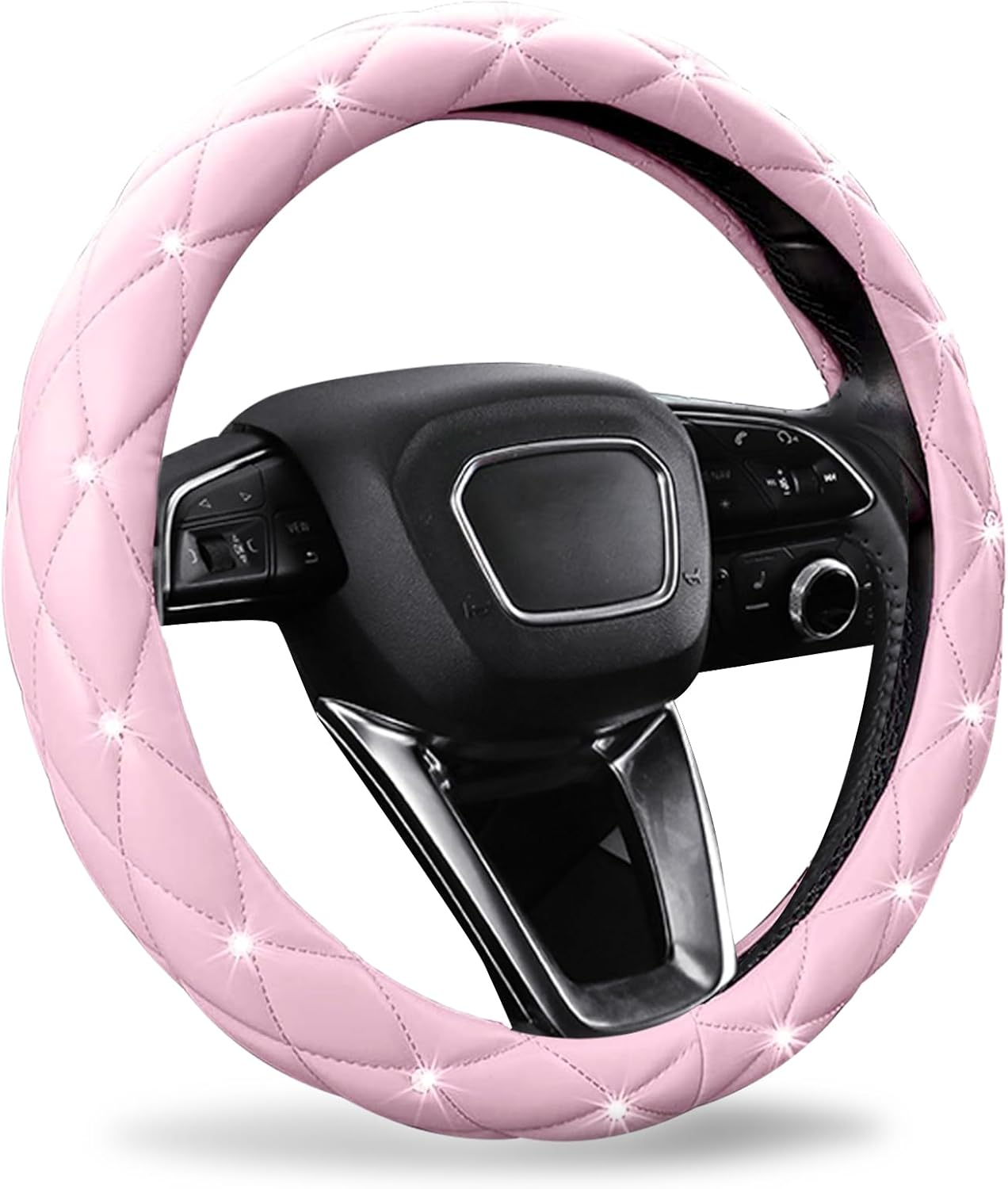 SuperKaKa Pink Steering Wheel Cover, Universal PU Diamond Bling