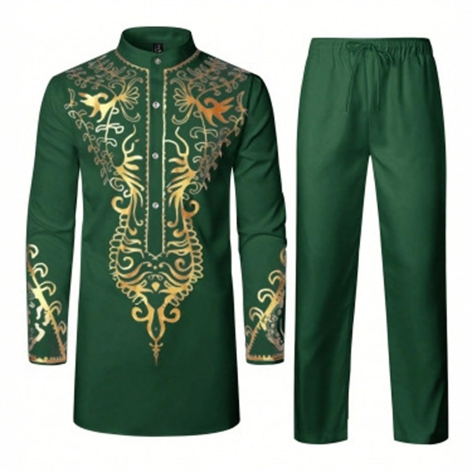 Completo Uomo, Completino Uomo Estivo Completo StilAfricano Giacca Pantaloni Color Oro Caldo Colletto Universale