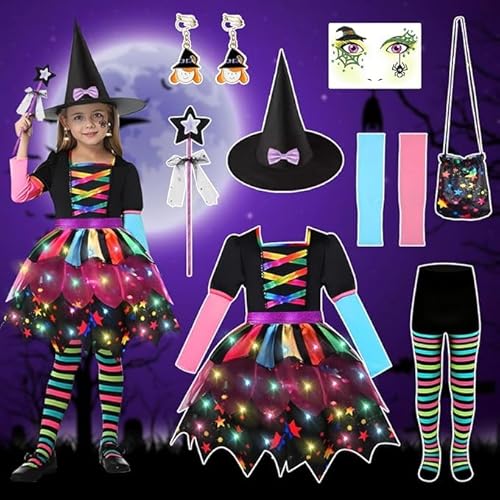 TOSZOLY Déguisement Sorcière Fille, LED Déguisement Halloween Enfant avec Sac, Lumineuse Coloré Sorcière Déguisements Halloween, Costume De Fille Pour Halloween Carnaval Cosplay (120)