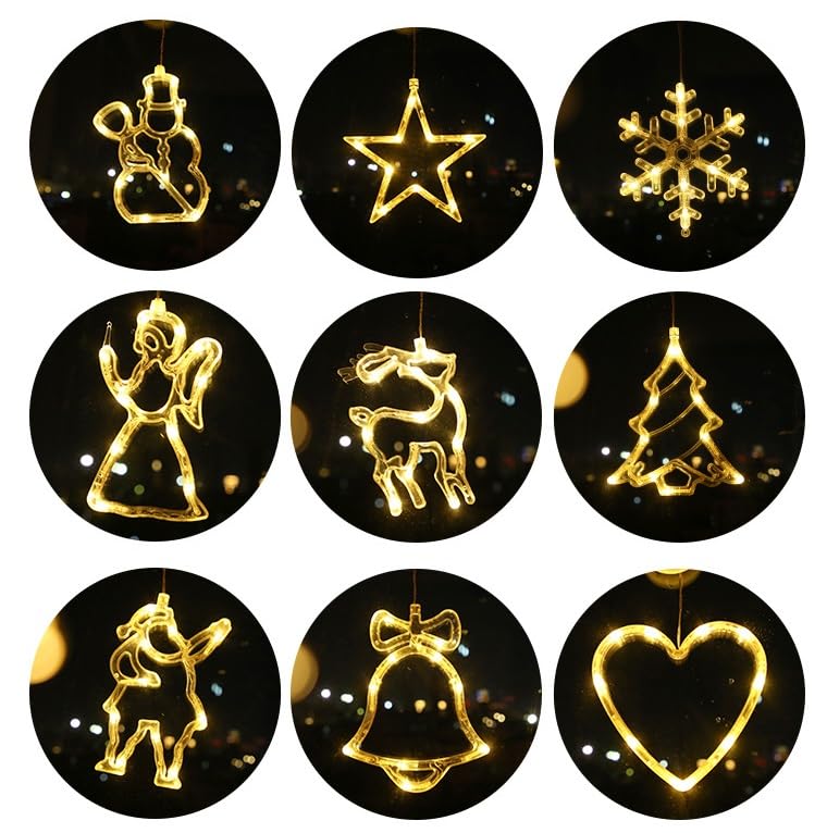9pcs Luces de Ventana de Navidad, Luces de Cortina de Copo de Nieve de Navidad, Luces de Ventana de Navidad de Santa Claus, Luces de Cortina de Estrella de Navidad Blancas cálidas