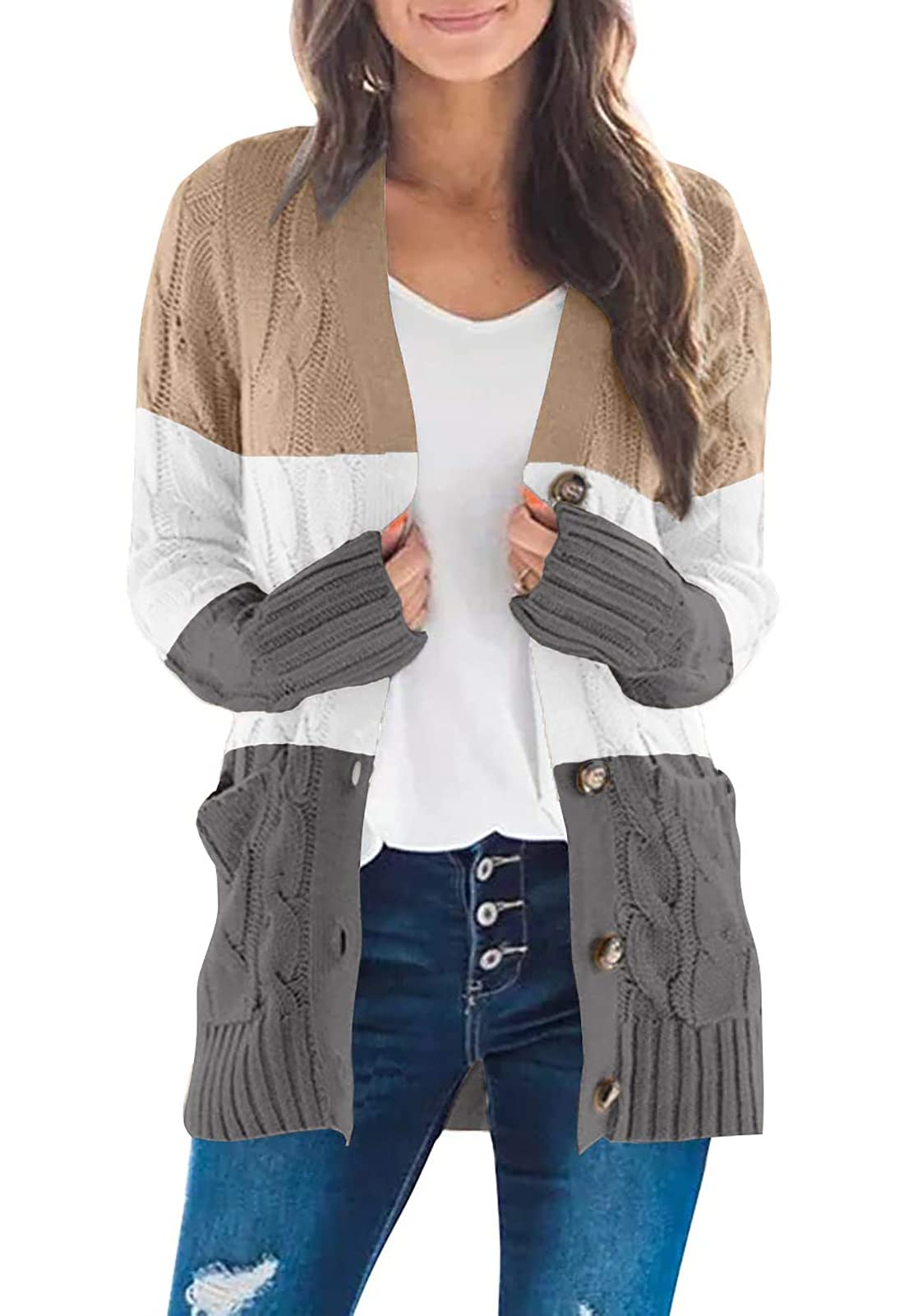 ZESICAWomen's 2023 Fall Casual Long Sleeve Button Down Open Front Cable Knit Cardigan Sweater Coat