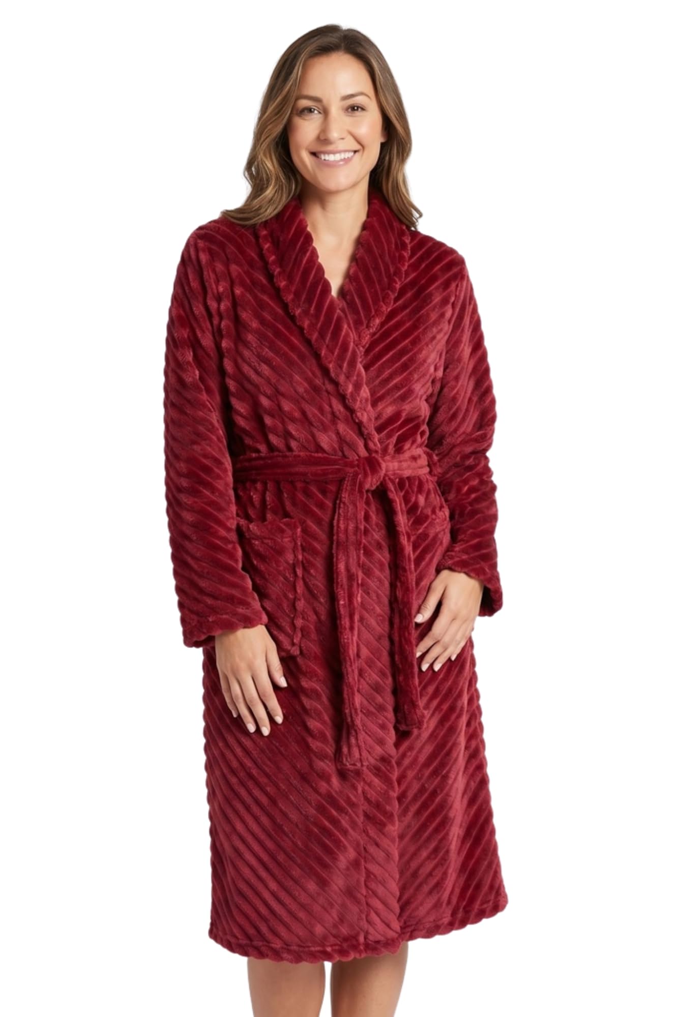 Camille Robe de chambre en polaire côtelée ultra douce pour femme - Manches longues - Longueur mollet - Rayures - Avec ceinture assortie