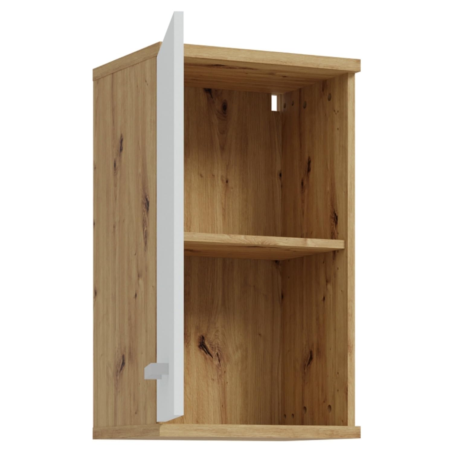 Forte VERIS Hängeschrank 40, moderner Badezimmerschrank, 1-türig, Holzwerkstoff, Weiß mit Artisan Eiche Holzdekor, 40,2 cm breit x 68,8 cm hoch x 29 cm tief