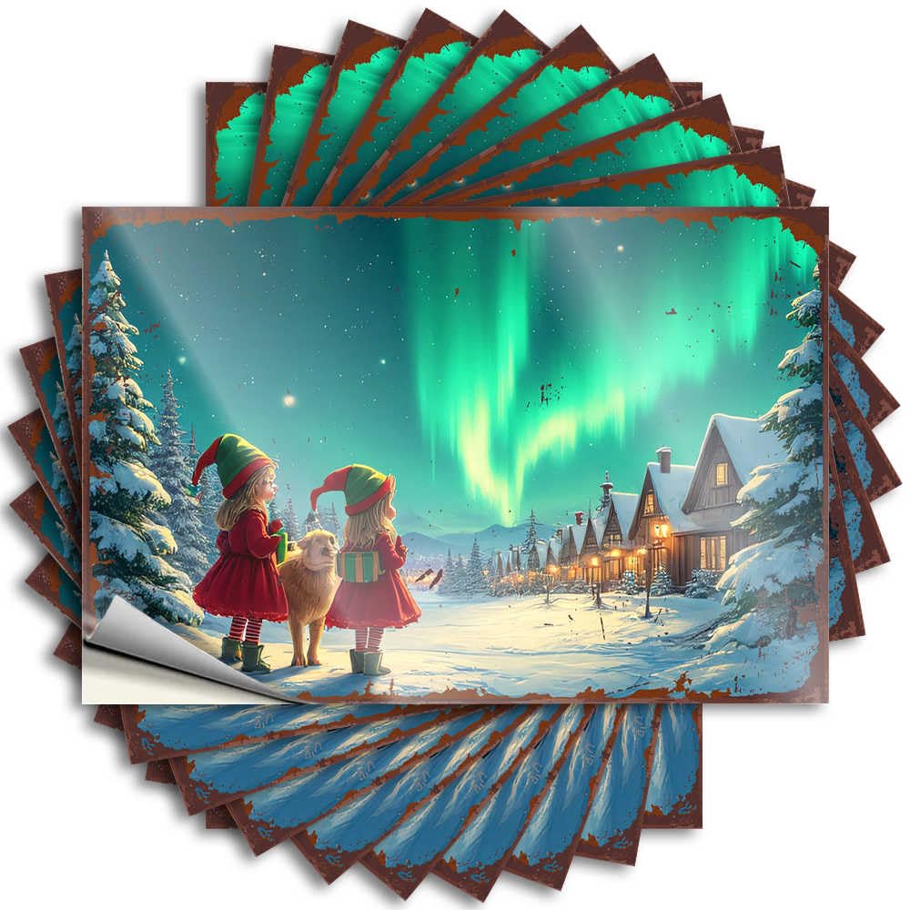 Cats Quote Aesthetic Decals, Summer Cute Pattern Design for Farmers Notebook | Hard Removable Vinyl Christmas Elves Admiring The Northern Lights in A Snowy Village(6X9CM)