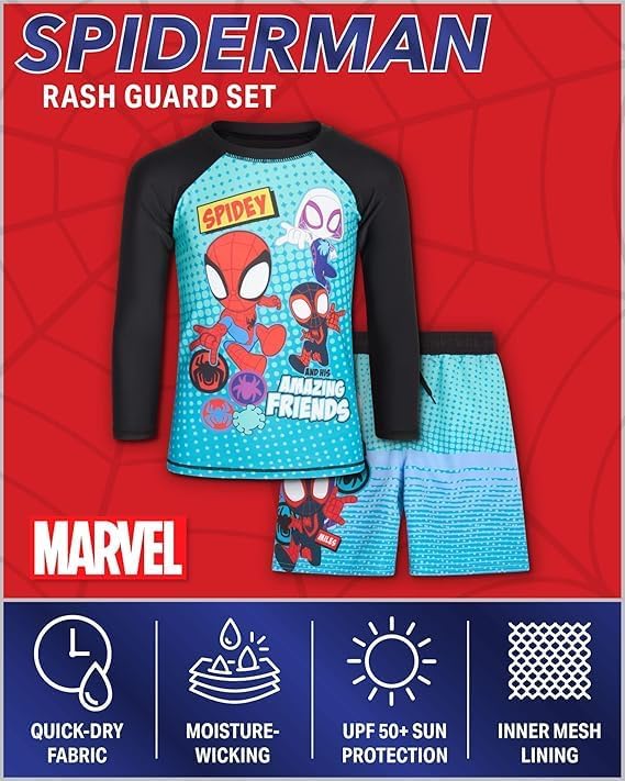 Marvel Boys Rash Guard Set - 2 Piece Spiderman Spidey & His Amazing Friends UPF50+ Swim Shirt & Swim Trunks for Boys (2T-12) - Image 3