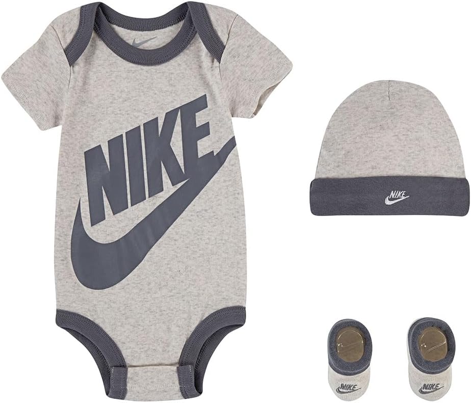 Nike Baby`s Bodysuit, Hat and Booties 3 Piece Set (Ivory(LN0073-W67)/Grey, 0-6 Months)
