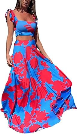 Vakkest Womens Summer Sexy 2 Pieces Outfits Ruffle Floral Tank Top Wrap Boho Tropical Long Skirt Set Clubwear Dress