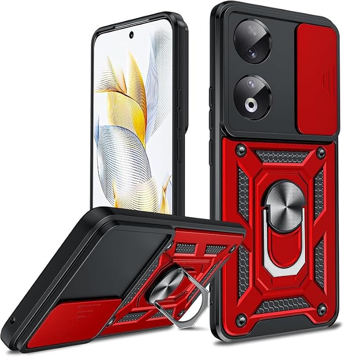 Case for Honor 90 5G, Shutter Case Heavy Duty Hard Tough Silicone TPU Dual Layer Hybrid Shockproof Cover, with Slide Camera Cover and Ring Kickstand for Honor 90 5G - Red