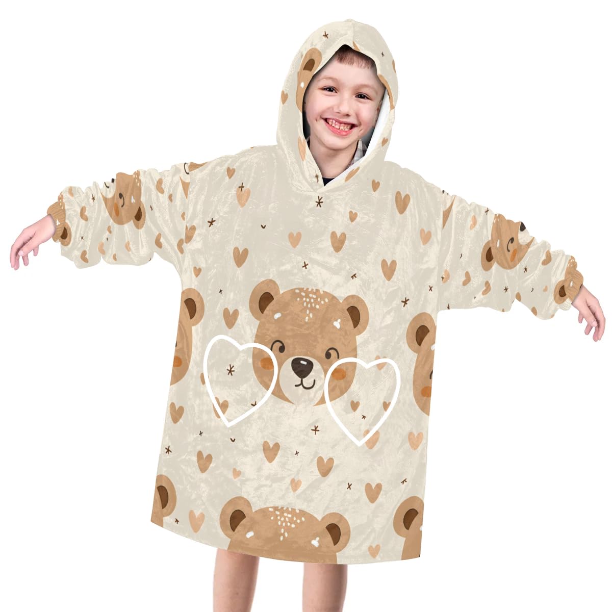 Wearable Blanket Hoodie for Kids, Cartoon Bears Fleece Sweatshirt Blanket Oversized Blanket Sweatshirt with Pocket Flannel Warm Hooded Blanket 6-10 Year Old Girl Boy Gift, One Size