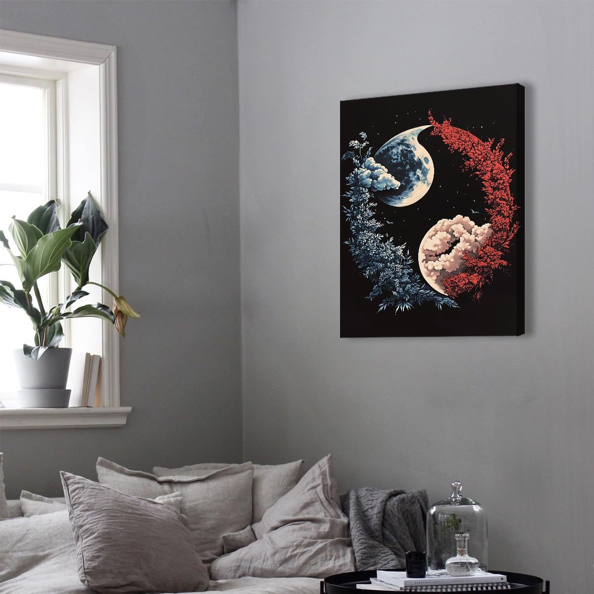 Via Vela Esthétique Lune Toile florale Art mural Affiche planète Peinture Nature Yin Yang Fresques modernes pour salon Chambre Décoration intérieure 45x60cm