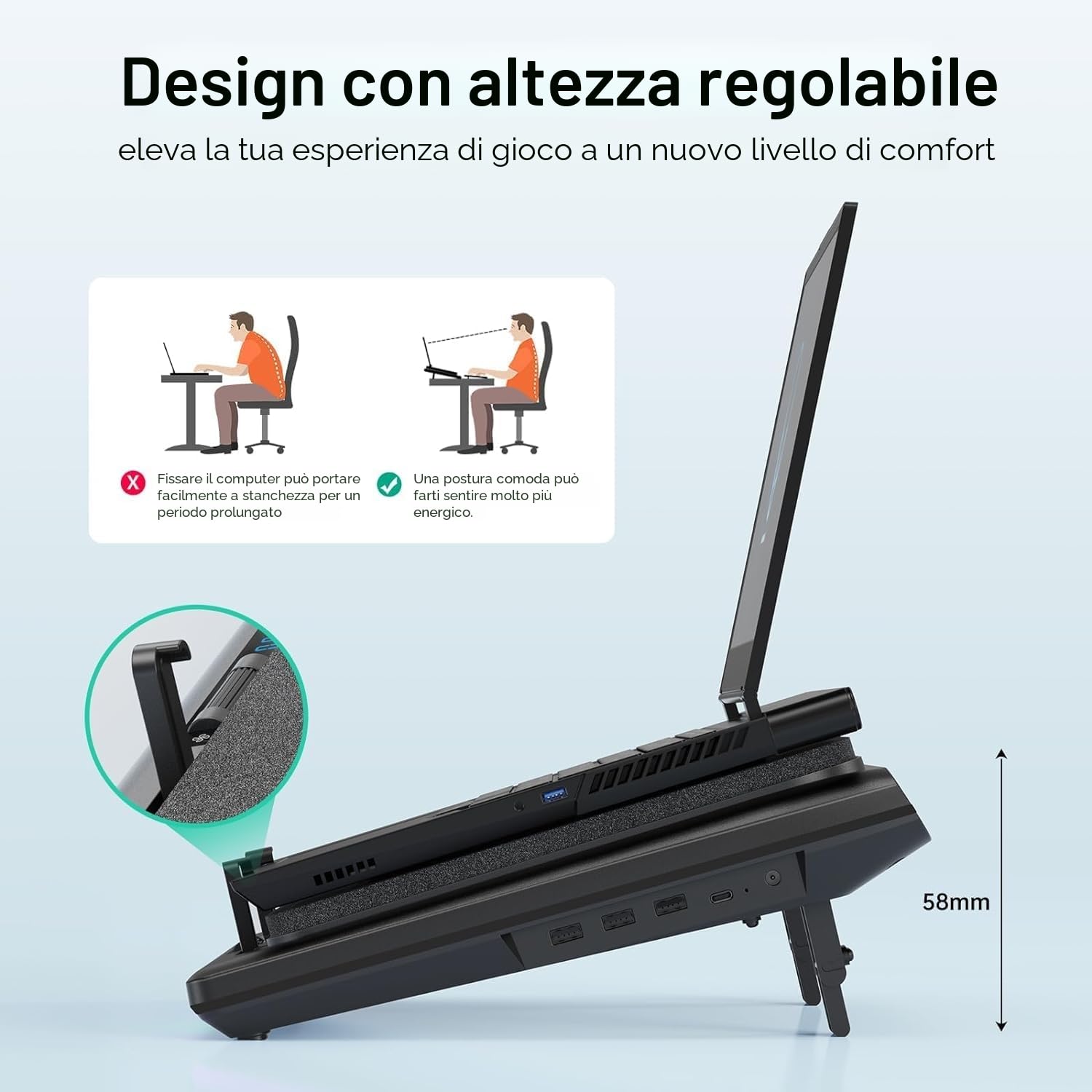 llano Base raffreddamento PC portatile Gaming con Controllo Tatto Continuo & Tappetino per Mouse, 3 Porte USB A, Ventilatore Turbo Extra Potente, Schiuma Sigillante per Notebook da 15-19'' (Senza RGB)