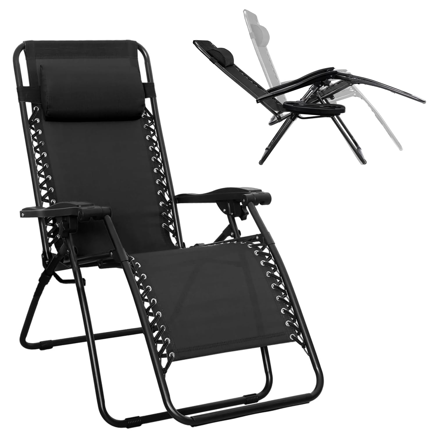 TIBBERS Folding Sun Lounger for Garden, Beach and Camping | Zero Gravity Chair with Headrest, Armrest and Footrest | Max. 110 kg | Black | MRS-HW001 (1, Black)