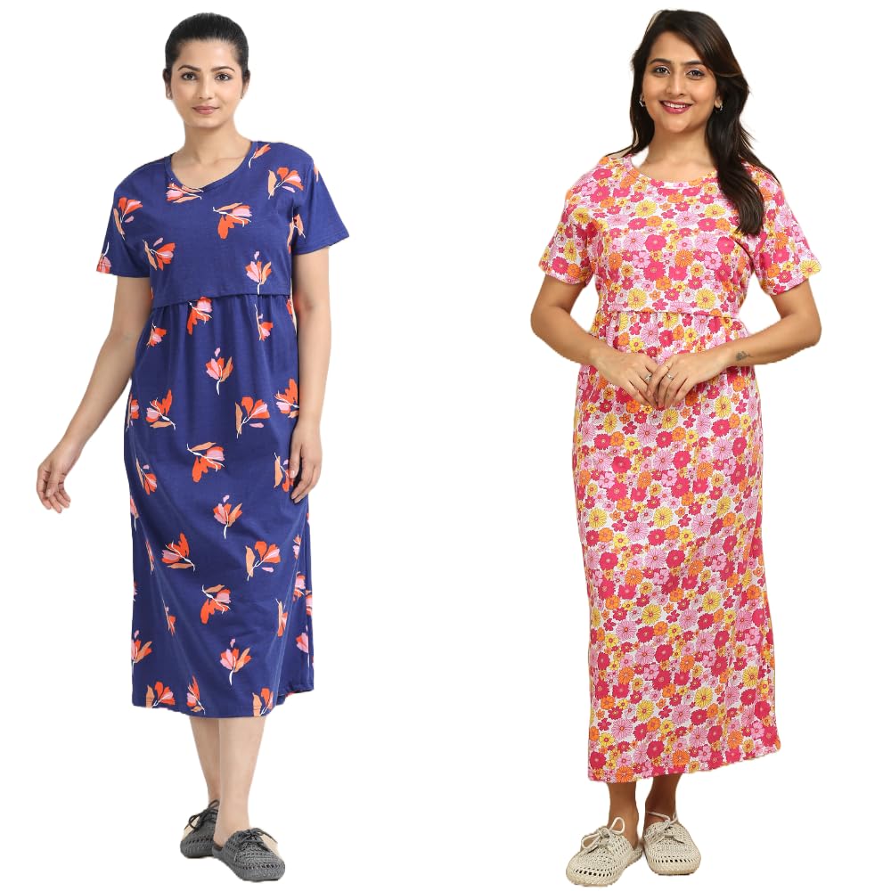 Mayaval Cotton Maternity & Nursing Dress Set for Women – Pack of 2 Midi Feeding Dresses in Navy Blue and Multicolor Floral Prints-image-41