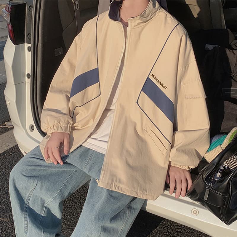 GAI Men's Varsity Jacket Harajuku Vintage Bomber Jackets Techwear Windbreaker Color Block Unisex Coats Korean Streetwear (A Khaki,M)4