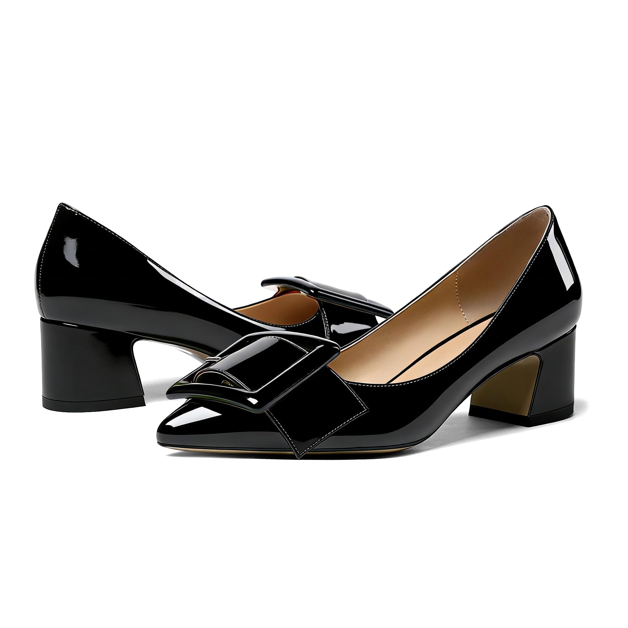 Eldof Pointed Toe Pumps,Classy 2 Inches Block Heel Chic Pumps, Confort Buckle Heel for Office Wedding Dress
