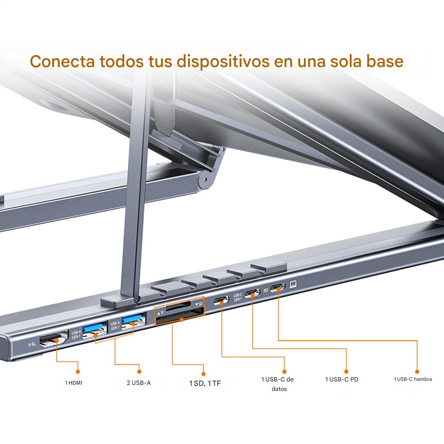 Base para Portátil con Puertos USB Hub USB C 8 en 1 con Refrigeración y | Soporte Ergonómico para Portátil Para Oficina Casa Juegos Escritorio Viaje Negocios Tableta Computado