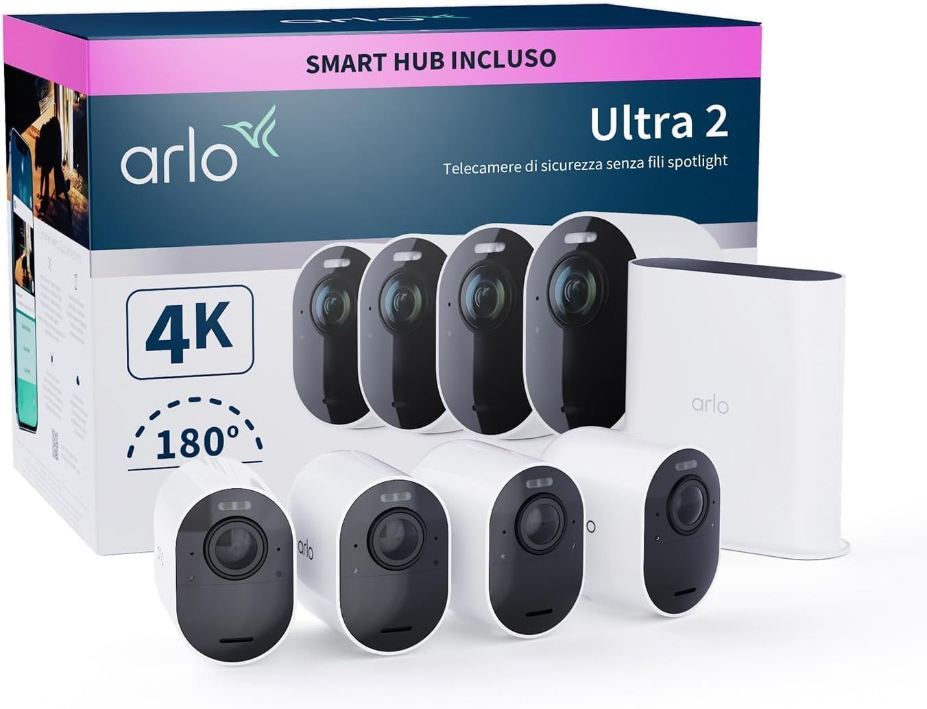 Telecamera WiFi wireless per esterni Arlo Ultra 2, telecamera WiFi per interni, 4K UHD, sirena di allarme domestico, sensore di movimento, audio bidirezionale, test Arlo Secure incluso, 4 telecamere, bianco