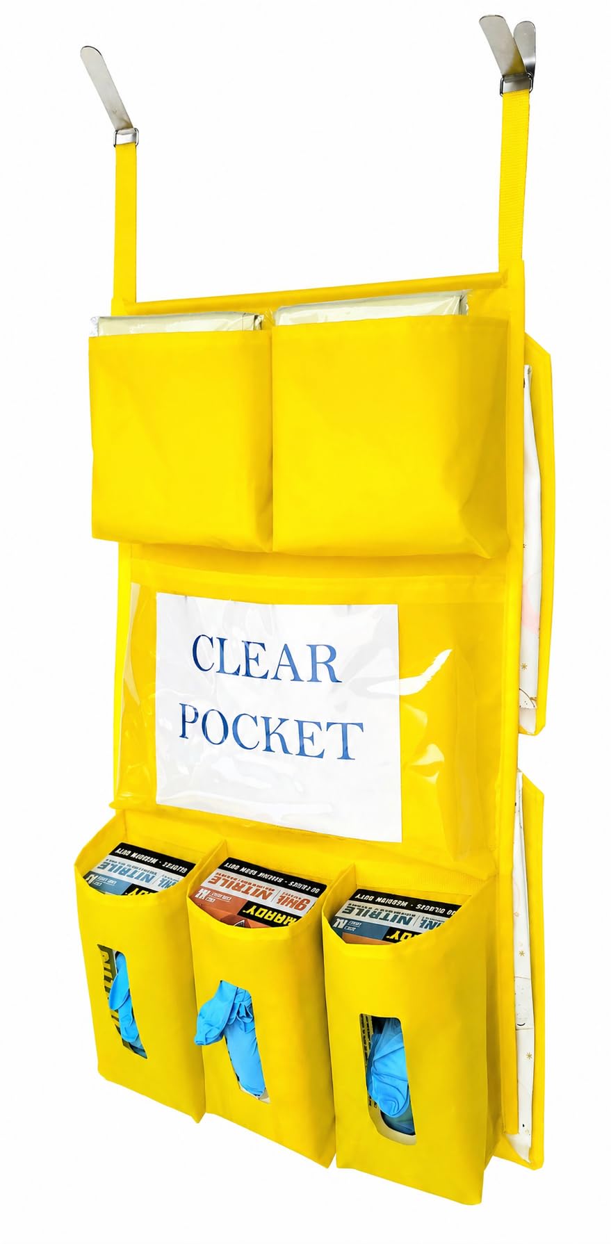 It's Sew EZ PPE Isolation Door Caddy NFPA-701 Fire Retardant Nylon Oxford 200D with Two Stainless Steel Hooks included - Yellow - 8 Pockets