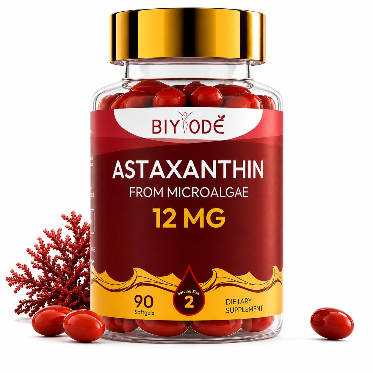 Astaxanthin 12mg Softgels (90 Count) – Natural Antioxidant Supplement from Haematococcus Pluvialis Microalgae – Supports Skin Health, Heart Function & Immune System