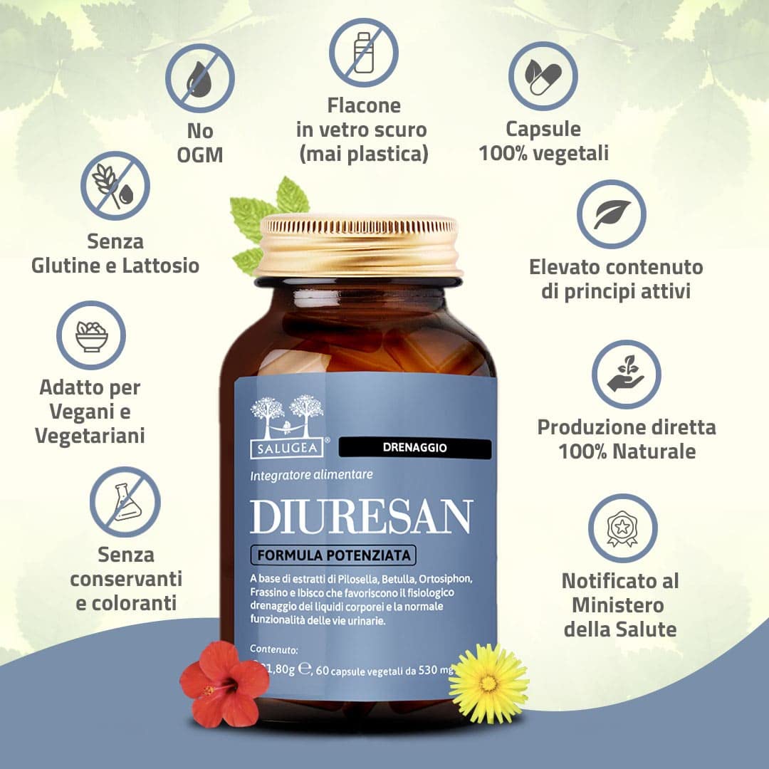 DIURESAN Formula Potenziata Salugea - Integratore 100% Naturale per la Ritenzione Idrica il Drenaggio e la Depurazione - Capsule Vegetali - Flacone In Vetro Scuro (no Plastica) - 60 capsule
