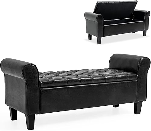 Miniatura 8 de ECOTOUGE Banco de almacenamiento para dormitorio, otomana con brazo enrollado, reposapiés tapizado de cuero rectangular para sala de estar, color