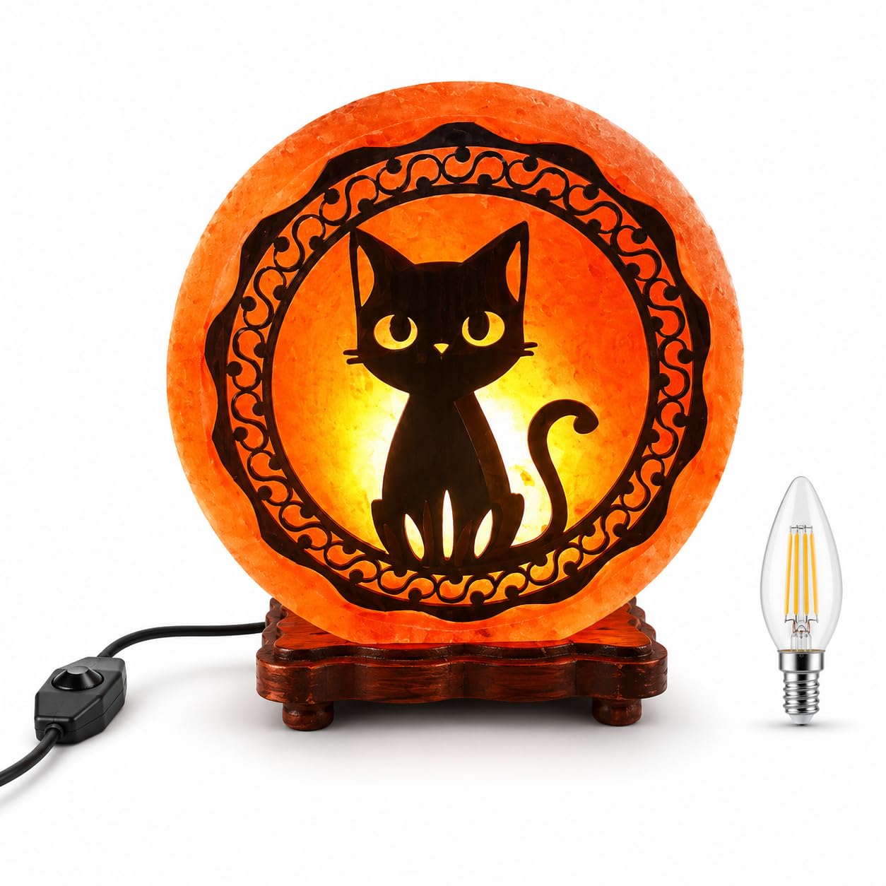 Apex Homeware Himalayan Salt Lamp Natural Pink Crystal Rock Salt Light with Wooden Base, Dimmable E14 Bulb, Dimmer Switch and UK Plug, Home Decor Night Light, Black Cat Lamp