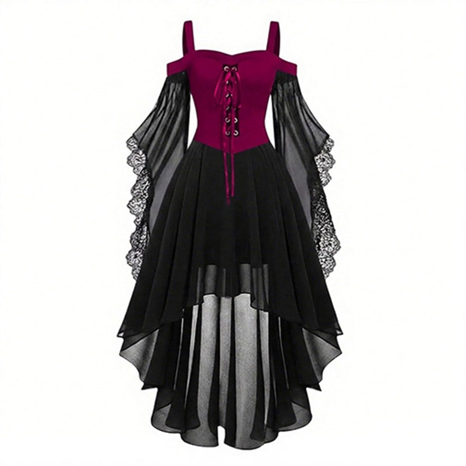 Vokuhila - Vestito medievale per Halloween, per bambine, gotico, cosplay | Vestito da principessa per bambini, a maniche lunghe, con spalle scoperte, in pizzo, stile vittoriano, vampiro, carnevale