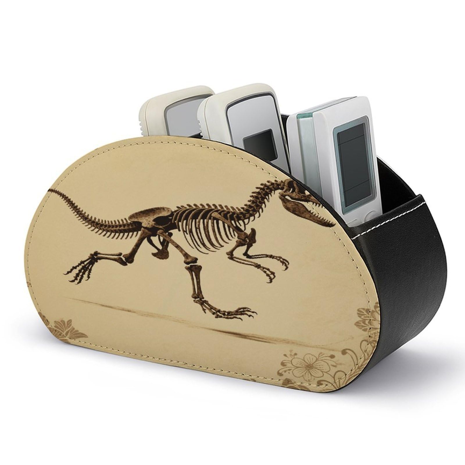 VstaDank Dinosaur Skeleton Print Remote Control Holder with 5 Compartments PU Leather TV Remoter Caddy Desktop Organizer TV Remote Holder Remote Box for Media Controllers Office Supplies