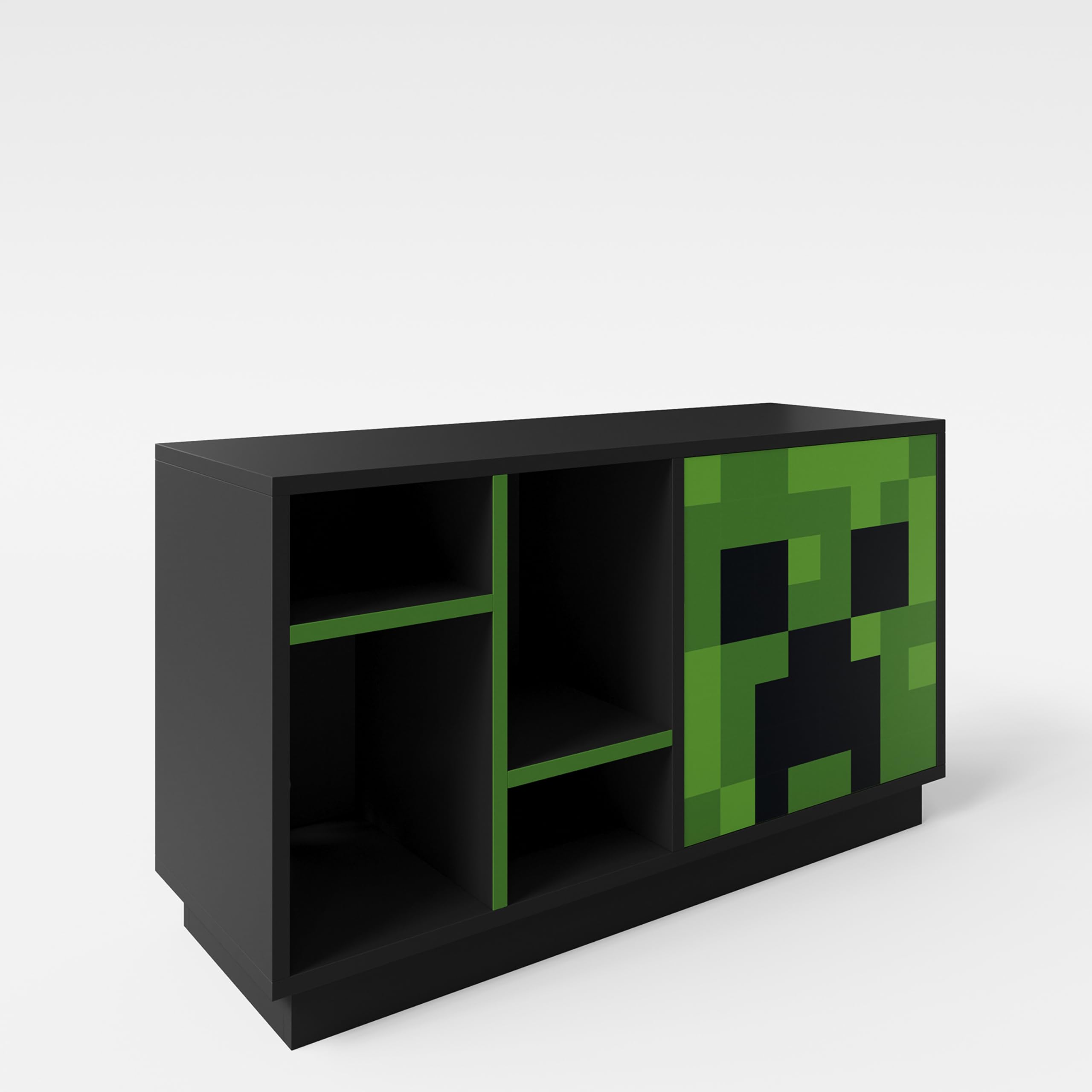 Minecraft Meuble TV avec éclairage LED – Lowboard Gamer avec Porte vitrée Creeper, 3 étagères Ouvertes, 1 Niche Console et Passe-câbles – 108x61x37cm, Noir