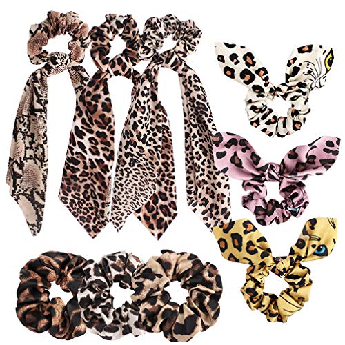 TOBATOBA 9 Pack Scrunchies for Hair Leopard Print Big Long Scrunchies Hair Scarf, Polka Dot Bun Hair Ties Bobbles Ponytail Holder for Women