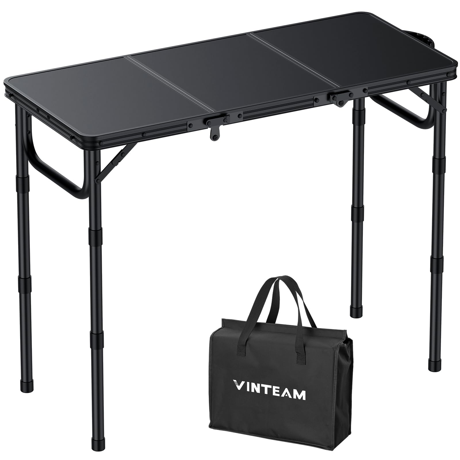 VINTEAM Camping Table, Adjustable Height 3 Levels, Lightweight Folding Picnic Table with MDF Desktop (Black, Centimeters, 70, Centimeters, 87, Centimeters, 40)