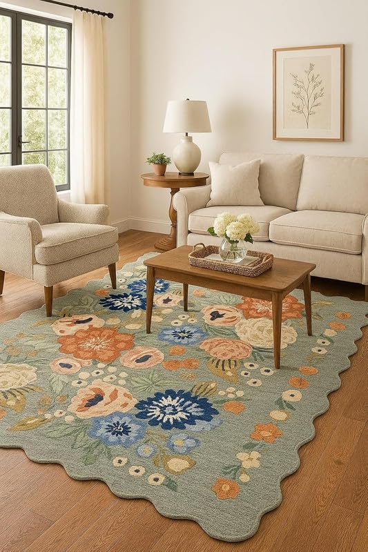 Image of Handmade Premium AFIFA Collection Woollen Rug Loop Pile Floral Hand Tufted Carpet for Living Room Bedroom Drawing Room Hall and Floor 3X5 Size