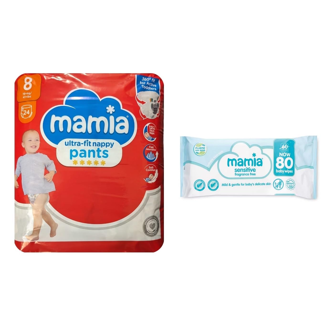 Mamia Size 8 Nappy Pants 24 Pack + 80 Fragrance Free Baby Wipes