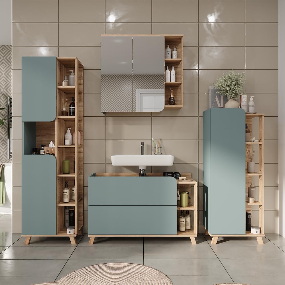 Vicco Mobiletto per lavabo Karen, Sonoma/blu, 100 x 65 cm con 2 cassetti, per montaggio sotto il lavabo con apertura per sifone