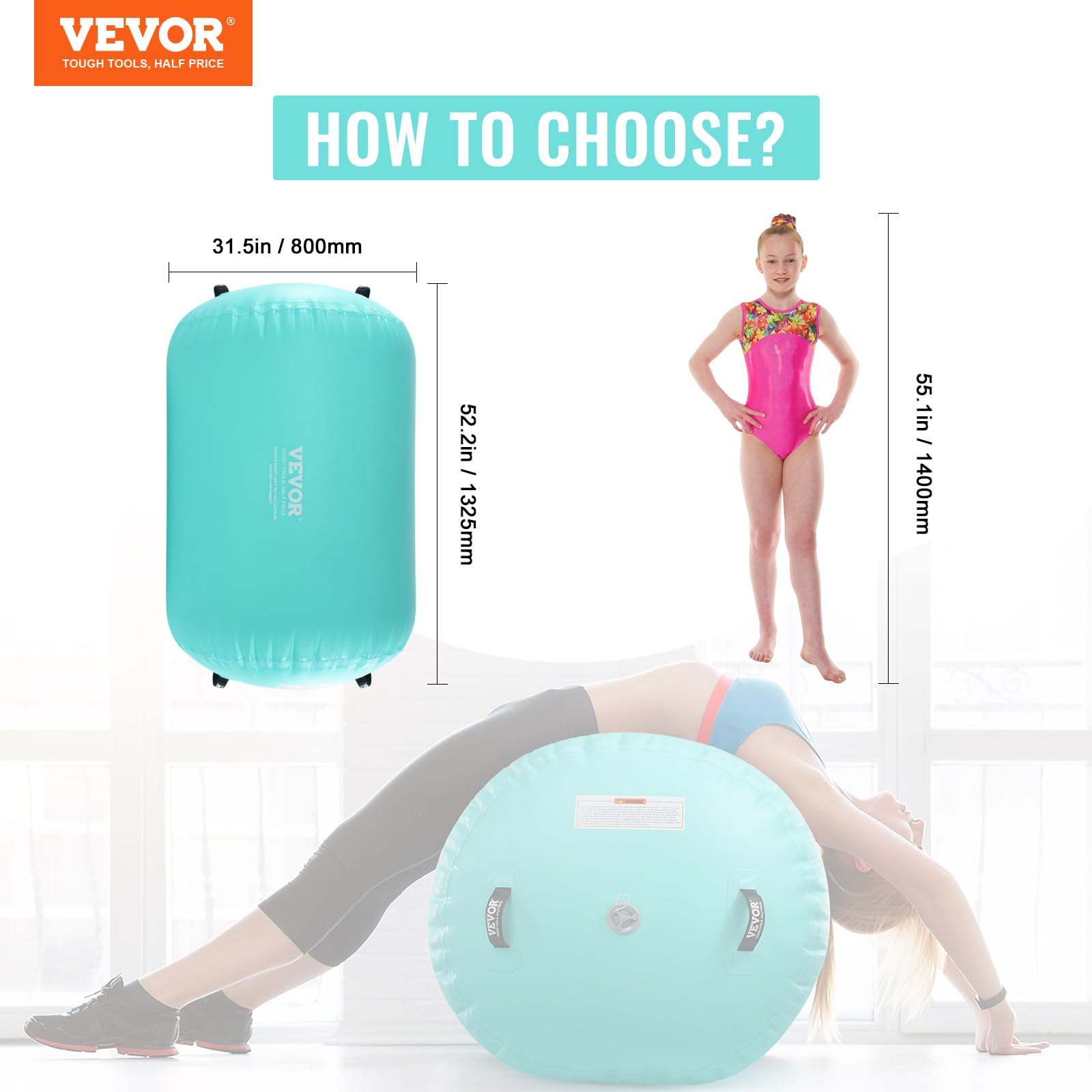 VEVOR Tappetino ad Aria, Rullo ad Aria Gonfiabile Rotondo, Canna d'Aria con Pompa Elettrica, Allenatore di piegamenti All'Indietro per Uso Domestico/Palestra/Yoga/Cheerleader/Parco/Acqua