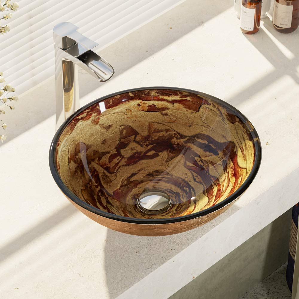 R5-5029-R9-7007-C Foil Undertone Glass Vessel Sink with Chrome Vessel Faucet, Sink Ring, and Vessel Pop-Up Drain