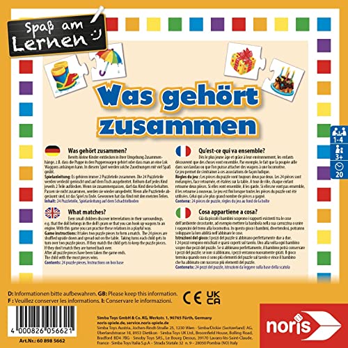 noris Was gehört zusammen – Lernspiel für Kinder ab 3 Jahren – beliebtes Zuordnungsspiel für Groß und Klein – erstes Mitbringspiel für unterwegs – pädagogisches Spielzeug Jungen Mädchen Vorschule