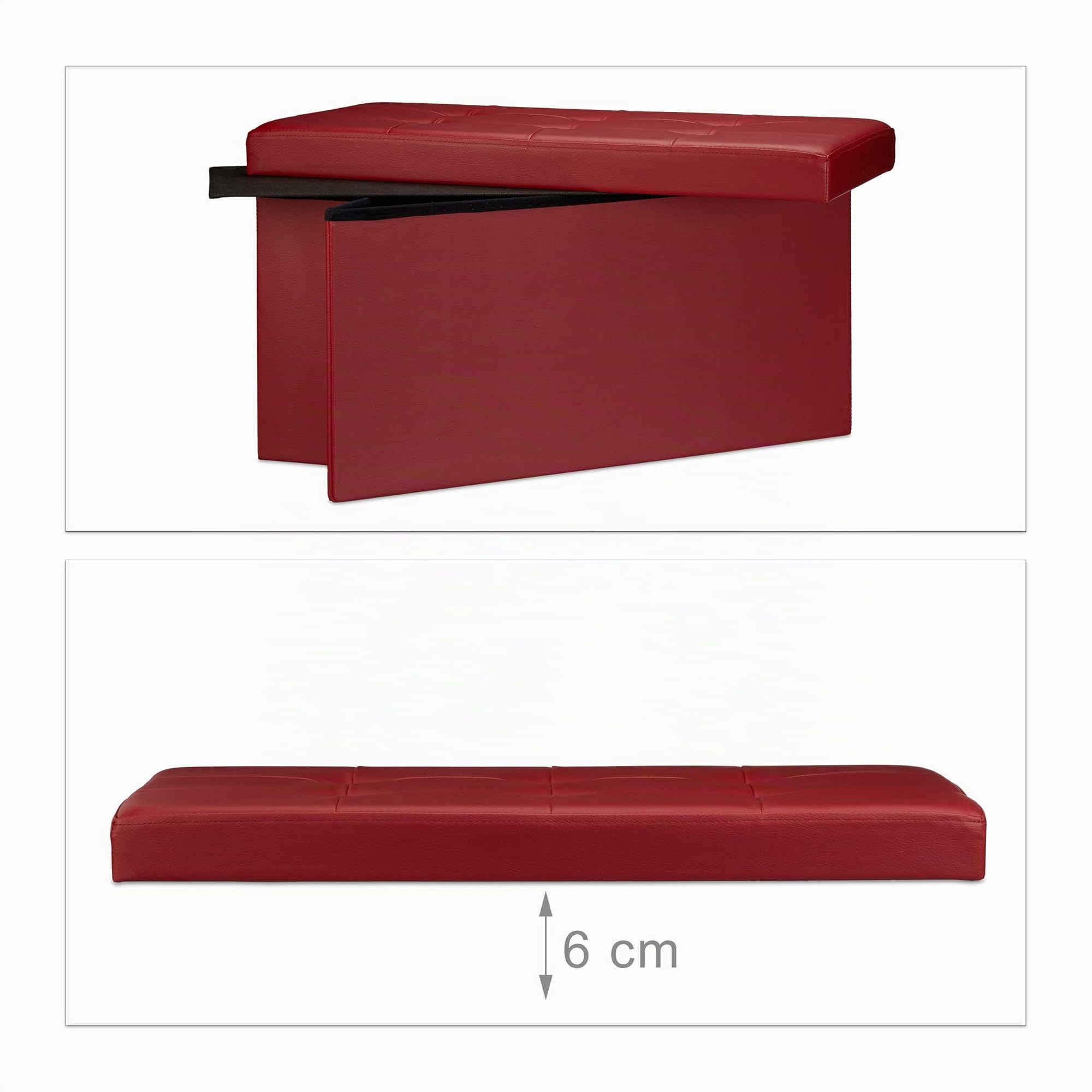 Relaxdays Cassapanca Contenitore, Pouf Pieghevole in Similpelle, HxLxP 38 x 76 x 38 cm, Panca con Coperchio, Rosso Scuro